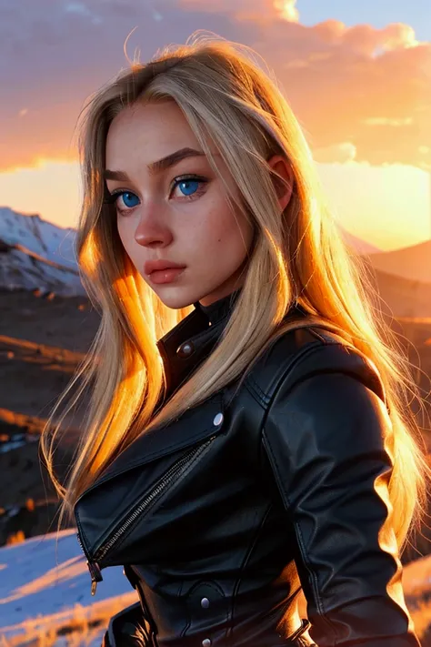 blonde female. long hair. age: 20. wearing black riding leathers. blue eyes. sunset on the mountain as a background