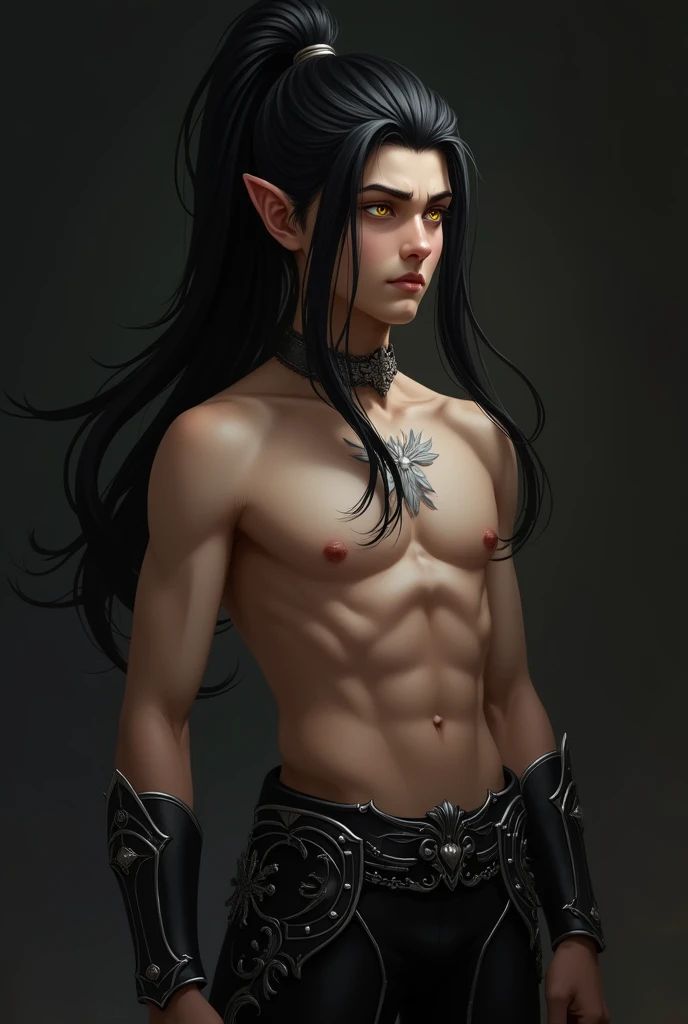 1 boy,  He has an angular face , with striking features,  narrow shiny gold eyes . Your hair is long, Black as night,  tied in a tall, stylized ponytail ,  with some loose locks falling around his face . he doesnt wear a shirt, showing his abdomen and musc...