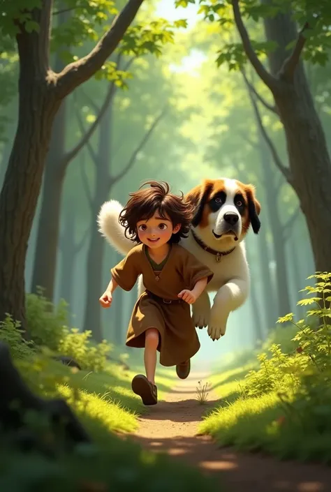 Create the image of a  boy in a long brown tunic running with his dog Saint Bernard on his back in a forest and let the image be animated