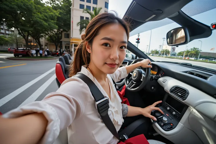 A 28-year-old female CEO wearing high-end brand fashion clothing for autumn. A cute selfie from a subjective perspective. Sitting in the drivers seat of a white convertible Porsche 718 with red interior. Wearing a seat belt. Waiting for the traffic light a...