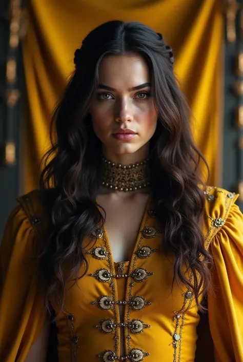 Create a Baratheon woman with long dark brown hair and dresses in yellow and black colors 