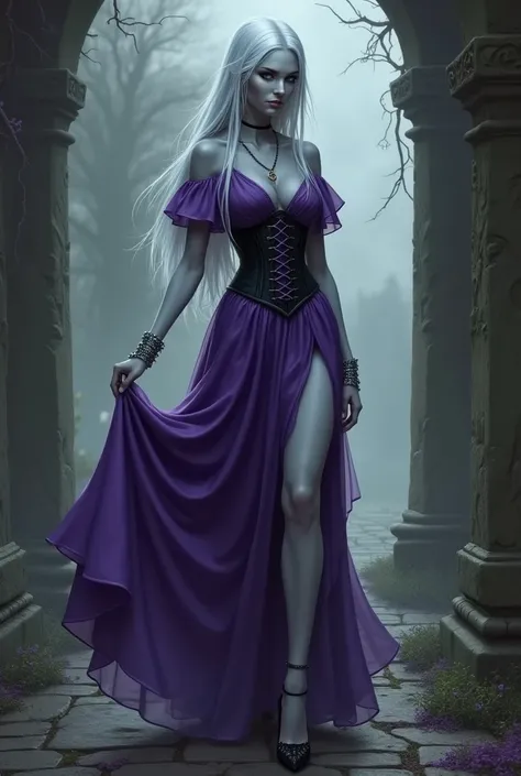 dark fantasy style, digital drawing, full body portrait of a dark elf sorceress, pale grey skin, violet long puff dress with black corset, black peeptoe heels, long white straight middle-parted hair, silver bracelets, she is standing on a stoneway on a mag...