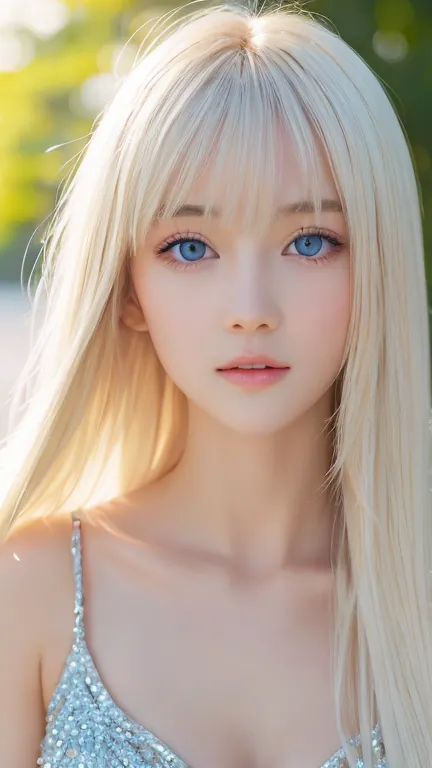 portrait、very white high school girl、young, white, shiny skin 、best looks、blonde reflected light 、 platinum blonde hair with daz...