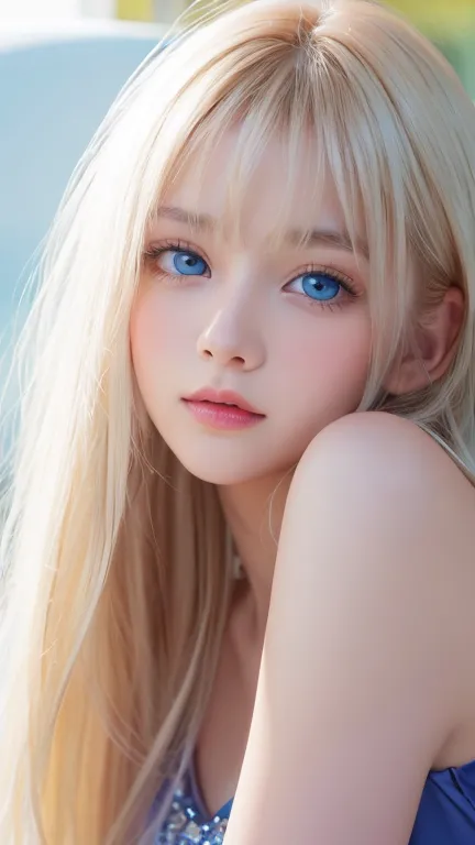 portrait、very white high school girl、young, white, shiny skin 、best looks、blonde reflected light 、 platinum blonde hair with daz...