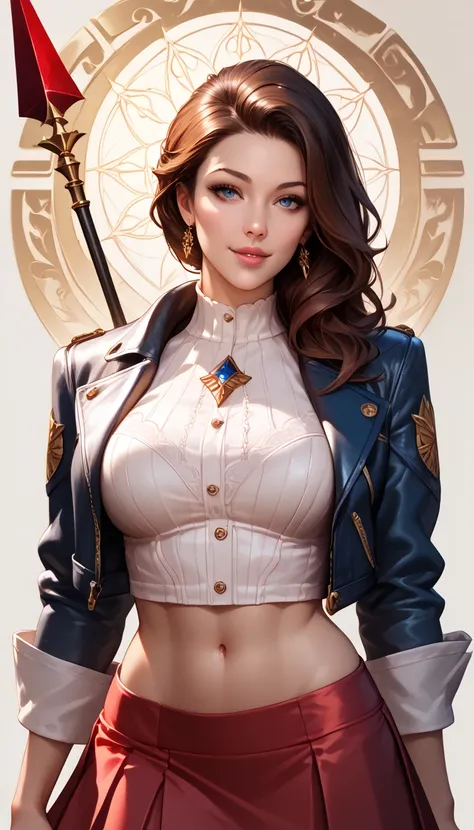 1girl,upper body,(masterpiece, best quality),16k wallpaper,extremely detailed CG,amazing,ultra detailed,hyperrealistic,official art,High quality texture,incredibly absurdres,highres,,cute girl,beautiful face,detailed,CROP TOP,JACKET,HOLD A SPEAR,PERFECT FI...