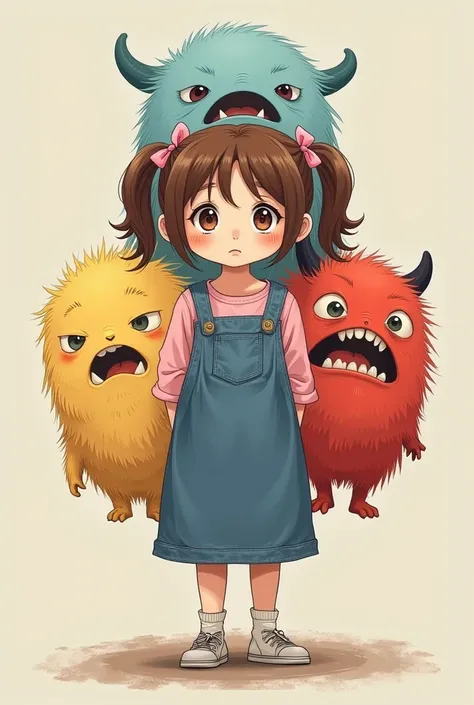  girl with hazel brown hair in pigtails with pink ribbons wearing a denim jumper dress underneath is pink shirt in the center looking sad. behind in her is three monster yellow that looks frustrated but cute, blue that look sad and have a tear drop and red...