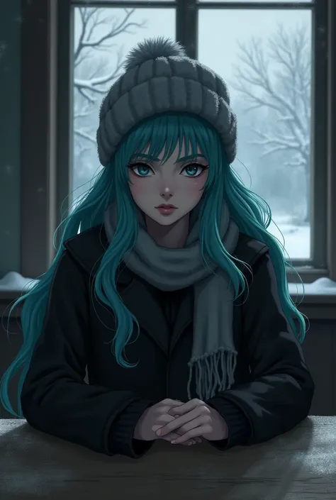 Create Sailor Neptune in black winter clothes sitting at a table , long wavy hair and a gray wool hat on the head just like what you see in the Sailor Moon anime