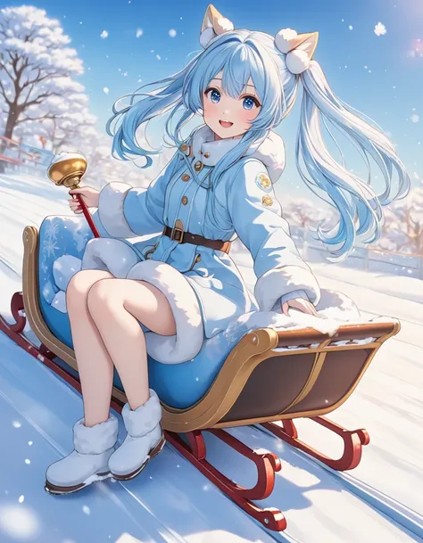 Anime girl sitting on a sleigh sliding in the snow, smile、 wearing a warm down 、 light blue long hair playing a handbell、 girl with twin tails 、 pet dog running with sleigh in warm down 、Anime aesthetics,,  Anime Art Wallpaper 8K、 beautiful anime artwork 