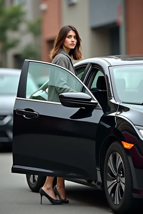 A black Honda Civic car and on the pilots side a woman with light brown hair and heels coming down
