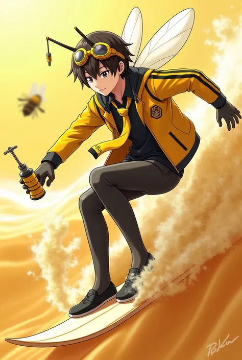 Shinichi sakurai with bee wings and antennae and a bee smoker in his hand wearing a black shirt and yellow jacket with two black stripes on each sleeve of his hands and yellow swimming goggles with black visors hanging around his neck and a black tie with ...