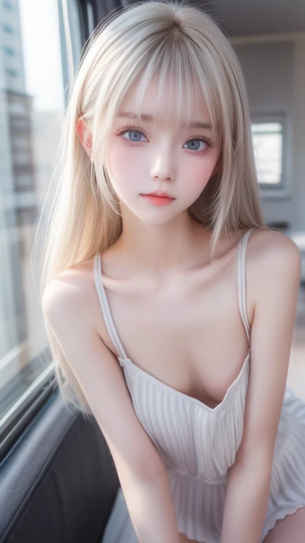  portrait、very white high school girl、Young, white, shiny skin 、Best Looks、Blonde Reflected Light 、 Platinum Blonde Hair with Dazzling Highlights 、Shiny bright hair、super long silky super long straight hair、Shiny, beautiful bangs、 sparkling crystal clear a...