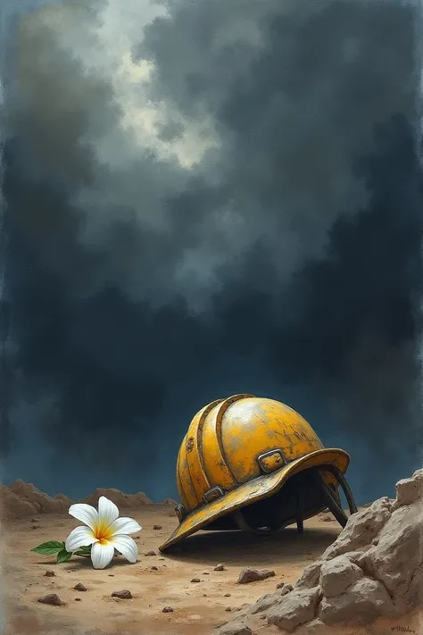  creates an image showing an overturned miners helmet with a slight inclination to the right ,  that is located in the lower right corner above a dirt floor and with a dark sky that looks like its going to rain,  and a white flower next to it painted in wa...