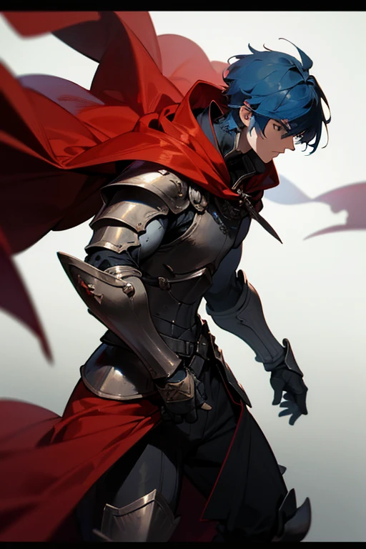 A male, muscular warrior with short blue hair stands on a battlefield. He wears wuality armor that is ebony black. He wears a red cloak over his frame. He is ready for battle. He is a knight, fighting in a fantasy world