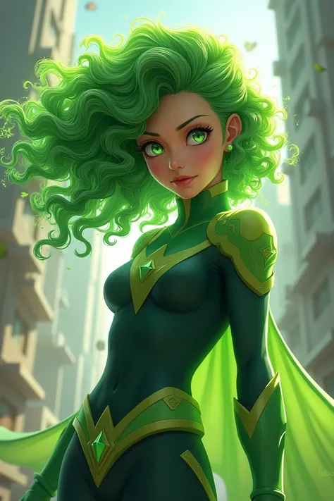 Green-haired girl with green eyes curly hair being a hero