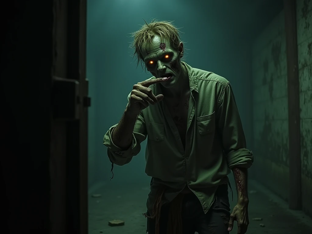 Create an image of a male zombie standing in a dark, eerie environment. The zombie has decaying, pale green skin, with patches of exposed bone and flesh. His hair is messy and tangled, and his eyes are hollow, glowing faintly. He is wearing tattered clothi...