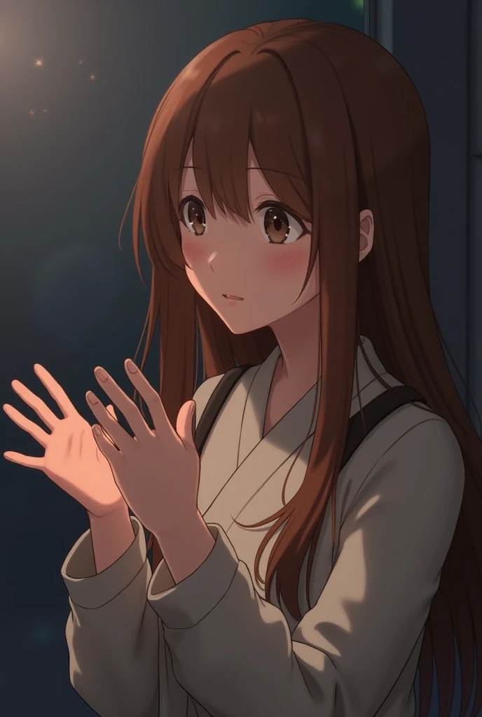 Brown haired girl( long hair )  watching her hands ( a slight touch of surprise in her features, (at an angle to the center ) watching her hands 