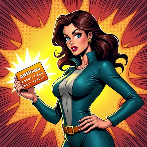 comic book art style of a woman holding a glowing credit card labeled “Affiliate Payout.”