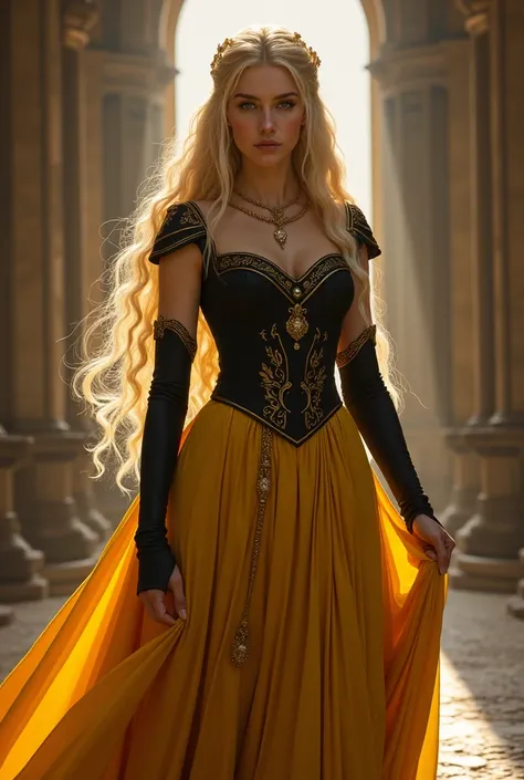 Create a Baratheon woman with long golden hair and yellow and black dresses 