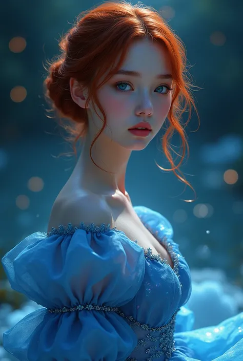 The red-haired low-bun blue-eyed dress in a light blue dress is shiny with long puffy sleeves at night