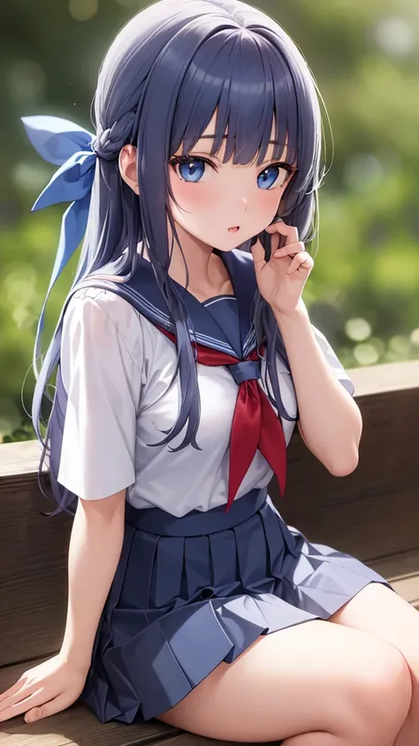 ((masterpiece,best quality, high resolution)), 1girl, solo, blue eyes, gray long hair tied with blue ribbon, blunt bangs, sitting, school uniform, white serafuku, red sailor collar, short sleeves, blue pleated skirt, bokeh effect