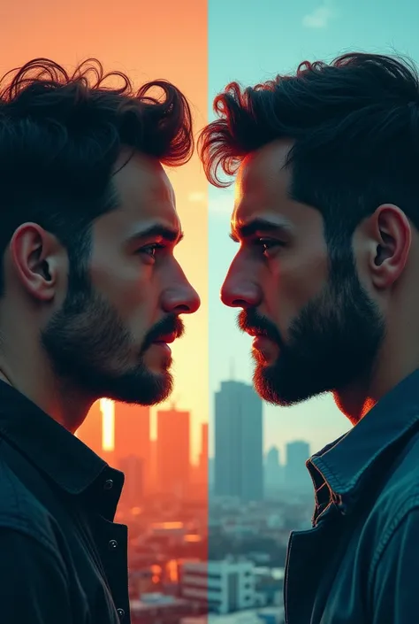  2 MEN ON A PHONE CALL IN DIFFERENT PLACES. (THE IMAGE IS DIVIDED INTO 2 