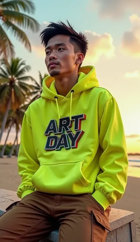 Gambar hiper realistis pria indonesia 17 tahun memakai hodie neon kuning terdapat kreasi logo tulisan "Art Day" huruf besar 3D, celana kargo coklat, duduk ditepi pantai luas, Sunrise, dan pemandangan yang indah khas pantai. Pohon palem, bidikan udara,