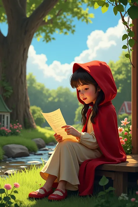 Little Red Riding Hood reading a letter in her backyard