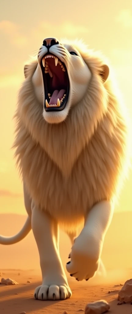 " A majestic white lion roaring under a golden sky ,  with sunlight illuminating its mane .  The lions powerful expression and open mouth show sharp teeth, transmitting force and grandeur .  Its detailed coat appears soft and textured ,  merging with a war...