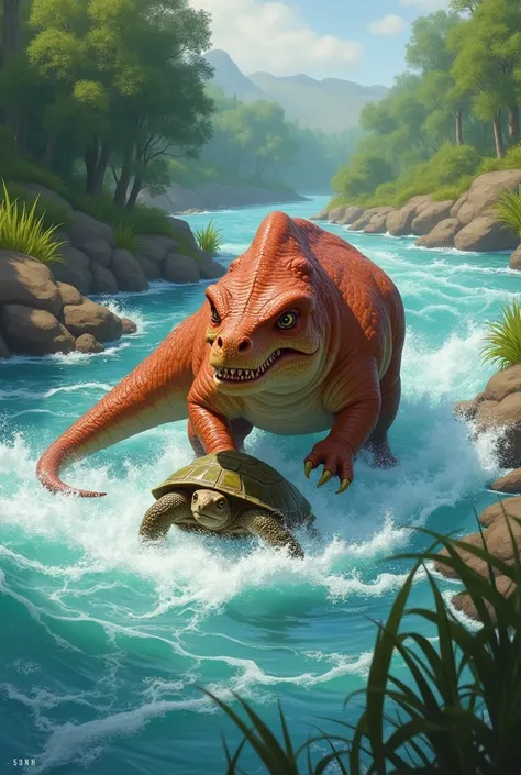  The other day , while drinking water by the river for a long time ,  see you The turtle is trying to swim across the river but the rushing water scares the Turtle very much " Dinosaur , save me with !  I cant cross the river."
 Dinosaur immediately goes i...