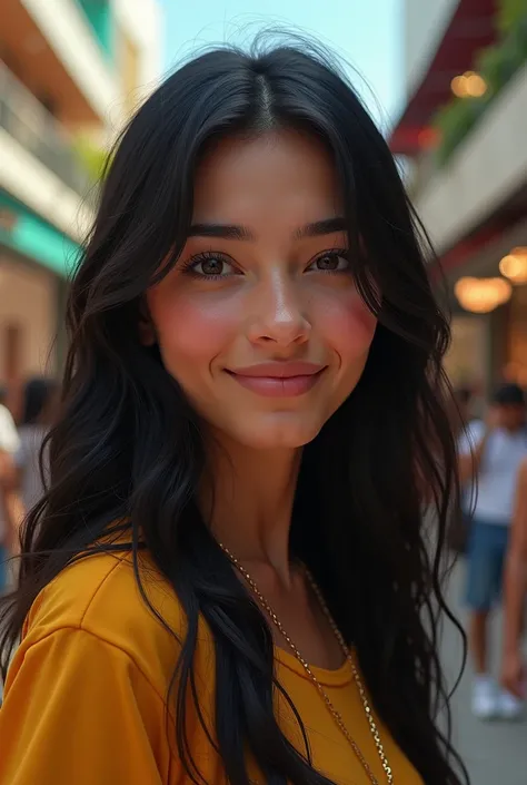 1546609213,  make an image of a Brazilian girl,  20 years old ,  Long black hair, clear eyes, At a mall in São Paulo , smiling