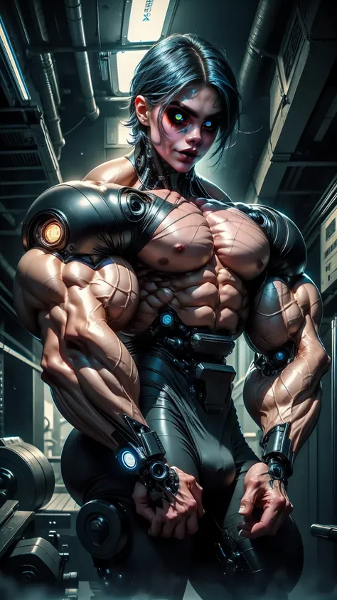 (1 girl), (Cara delevingne:1.25), beautiful teenage muscular goth cyborg girl, nude, (black sclera:1.25), (blue glowing eyes:1.25), (blue glowing body veins:1.25),(((muscular female bodybuilder physique:1.45))), ((((extreme muscular hypertrophy:1.25)))), (...