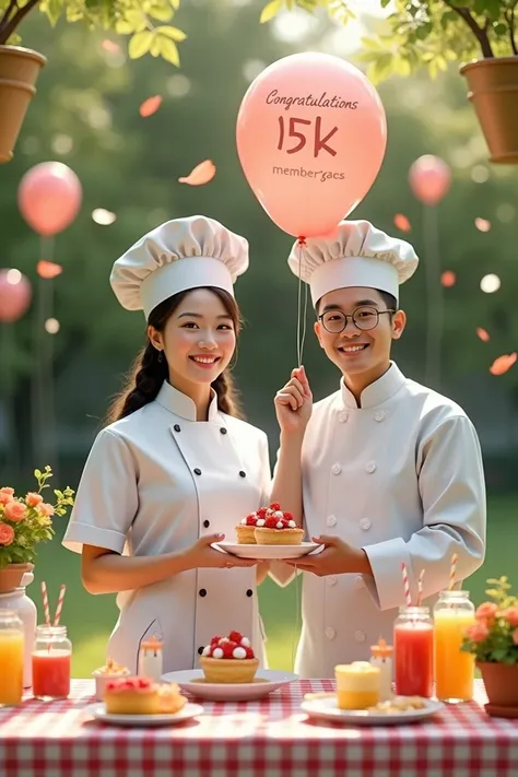 realistic portrait of an Asian man and an Asian woman with hair in braids, wearing master chef style chef clothes standing while holding a balloon that says "CONGRATULATIONS 15K MEMBER GAES" in detailed and clear font, looking at the camera and smiling, in...