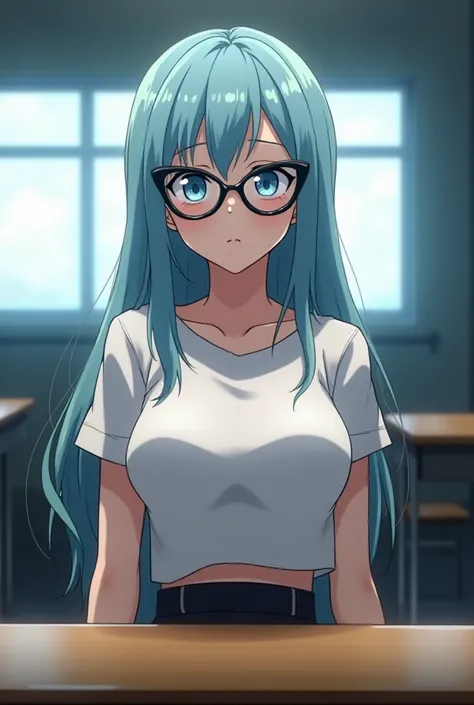 screenshot of my hero academia, light blue hair,  bright blue eyes, (((oversized cat-eye glasses))), T-shirt revealing her slim and curvy waist, slim with huge breasts, ((huge sexy breasts)), sitting at a table in a classroom, with his cold gaze, wears a s...