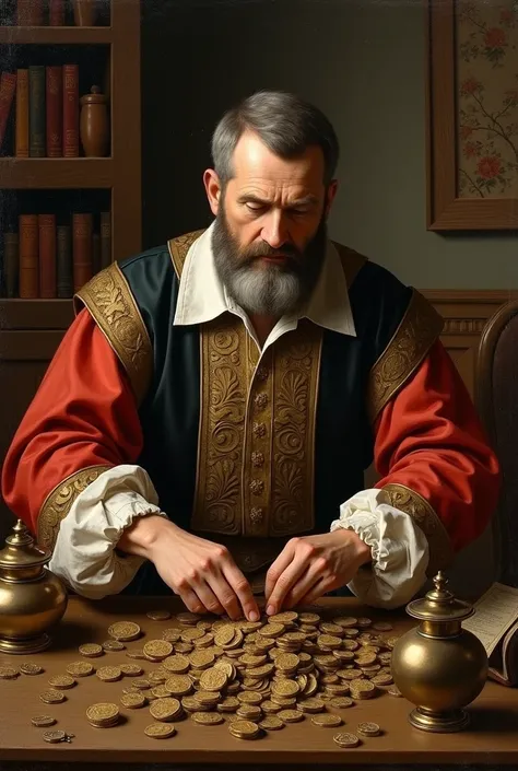 a classic painting of a Renaissance merchant counting coins