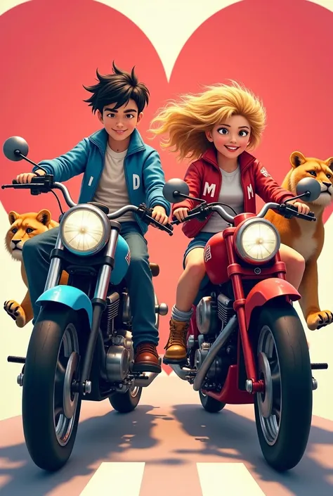 A boy riding a blue motorcycle in his jacket the letter d and a girl riding a red motorcycle and in her jacket the letter m on the boys side a lion and on the girls side a female lion and in the background a heart you call 