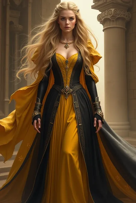 Create a Baratheon woman with long golden hair and yellow and black dresses 