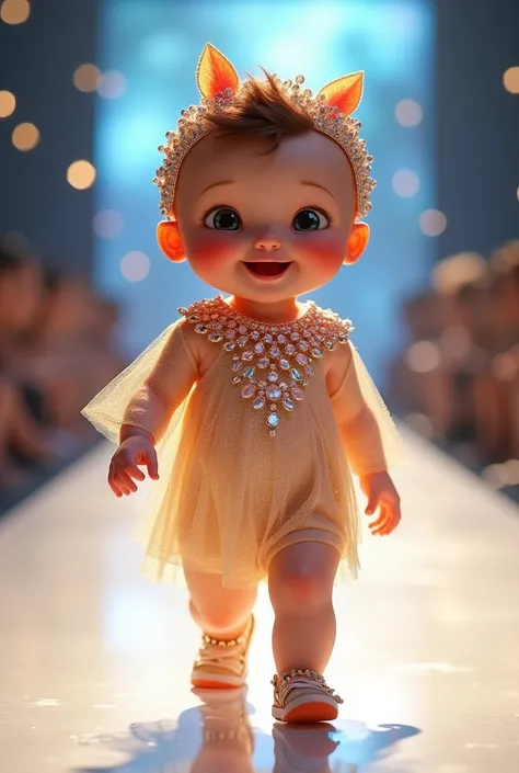 Make a baby  (smiling)  parading on the runway wearing an outfit (with shiny pebbles )