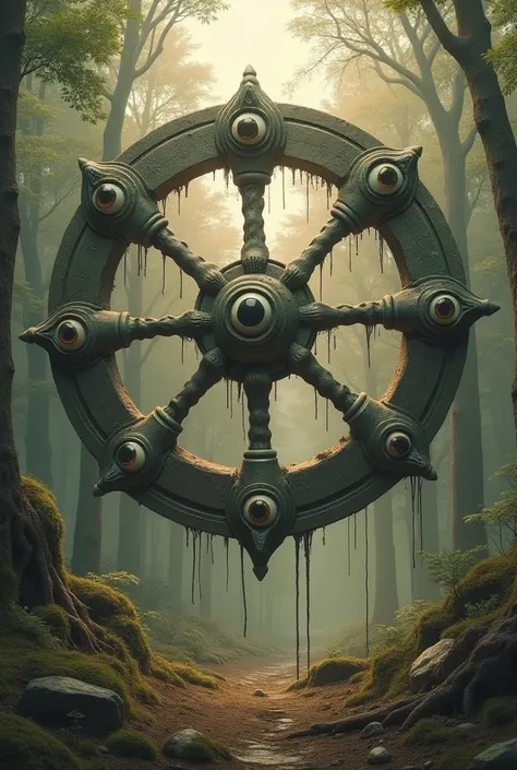 "Create a hyperrealistic image of an angel in the form of a wheel, not humanoid or glowing. The scene shows a large, solid wheel in the center, with another wheel passing through and intersecting the first wheel from above. Surrounding both wheels are nume...