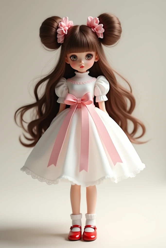  A doll with long brown hair ,  bows arranged in two tall bundles , decorated with pink ,  The doll is wearing a white dress with a pink ribbon at the waist and a fluffy skirt,  and also wears white socks and red shoes .