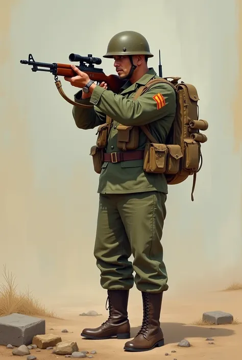 Generate for me a soldier in the Chilean uniform in the war of Arica who is with a gun,  that he sees full body  (de pies a cabeza)  that it is with the gun pointed to the side, Half that he is on his side or in profile but that he has the gun in his hands...