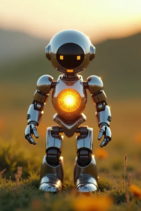 a realistic photo of a small robot with a radiant sun body