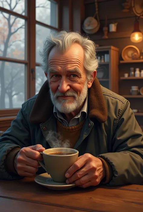 Picture an old man who likes coffee at the end of November drinking coffee in a place he would like