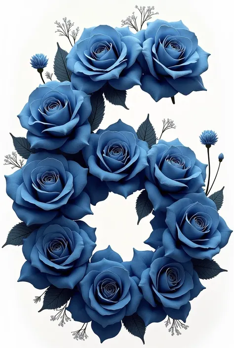 Number six formed by very realistic dark blue and white roses with few thin flowers 