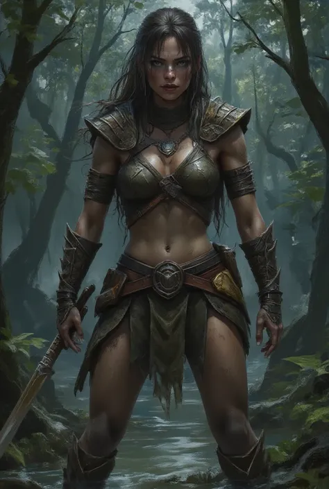 an image applying the rule of thirds leaving in the center a beautiful gifted young warrior woman sweaty in a swamp in a thick j...