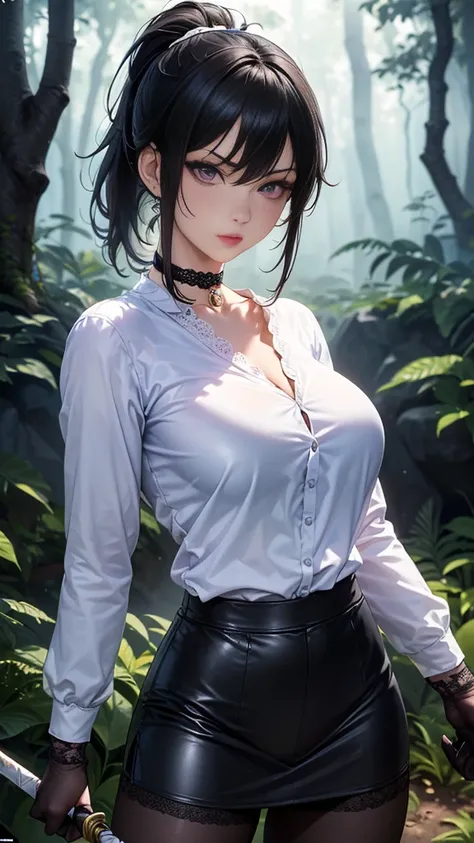 ( masterpiece :1.2), ( Best Quality :1.1, ( lyrics:1.3),  Very detailed 8k CG unit wallpaper ,  depth of field, HDR-10, realistic,  detailed eyes, 1 sexy woman, standing, fighting pose, He holds a spear in his hand,  seen from the front ,  looking at the s...