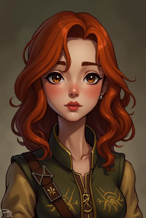  A character art in the style of the animation “Arcane . ” A young woman with red hair at shoulder length and curly, brown eyes and straight nose ,  delicate lips and Zaunite clothes 