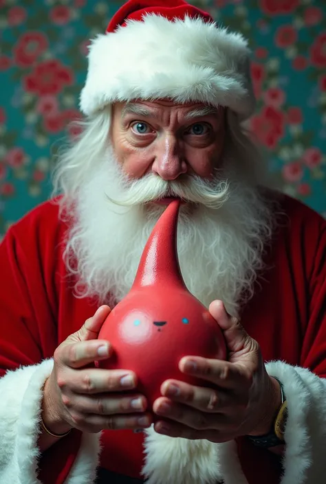 Santa Claus creates a penis image, looking into my eyes, with Chroma Key background