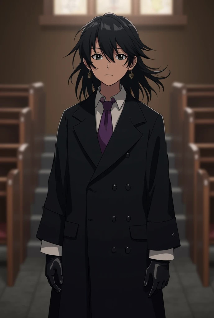 Live Action pre teen Asian boy with Long Flowing black Hair, With a Stoic Expression, Wearing a LONG Sleeved, Baggy Black Double Breasted Suit that reaches the ground over a Baggy White Dress shirt Properly Tucked in With The Sleeves with cuffs Covering th...