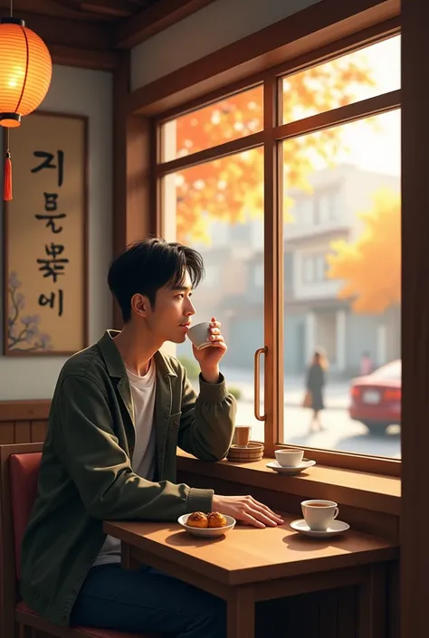 Picture a Korean guy drinking coffee at a place in Korea that an old man who likes coffee at the end of November would like