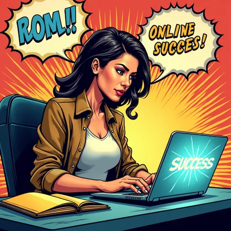 Comic book art woman working on a laptop with “ONLINE SUCCESS” glowing on the screen, surrounded by comic bubbles saying “WORK FROM HOME!”